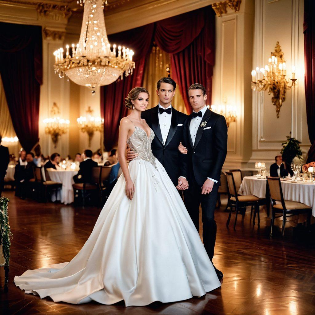 A stylishly dressed man in a tailored tuxedo standing confidently in a lavish ballroom, paired with an elegant woman in exquisite intimate apparel peeking from beneath a flowing evening gown. Luxurious chandeliers cast a warm glow, while guests celebrate in the background. The scene captures elegance and sophistication, emphasizing rich fabrics and intricate details. super-realistic. vibrant colors. soft focus.